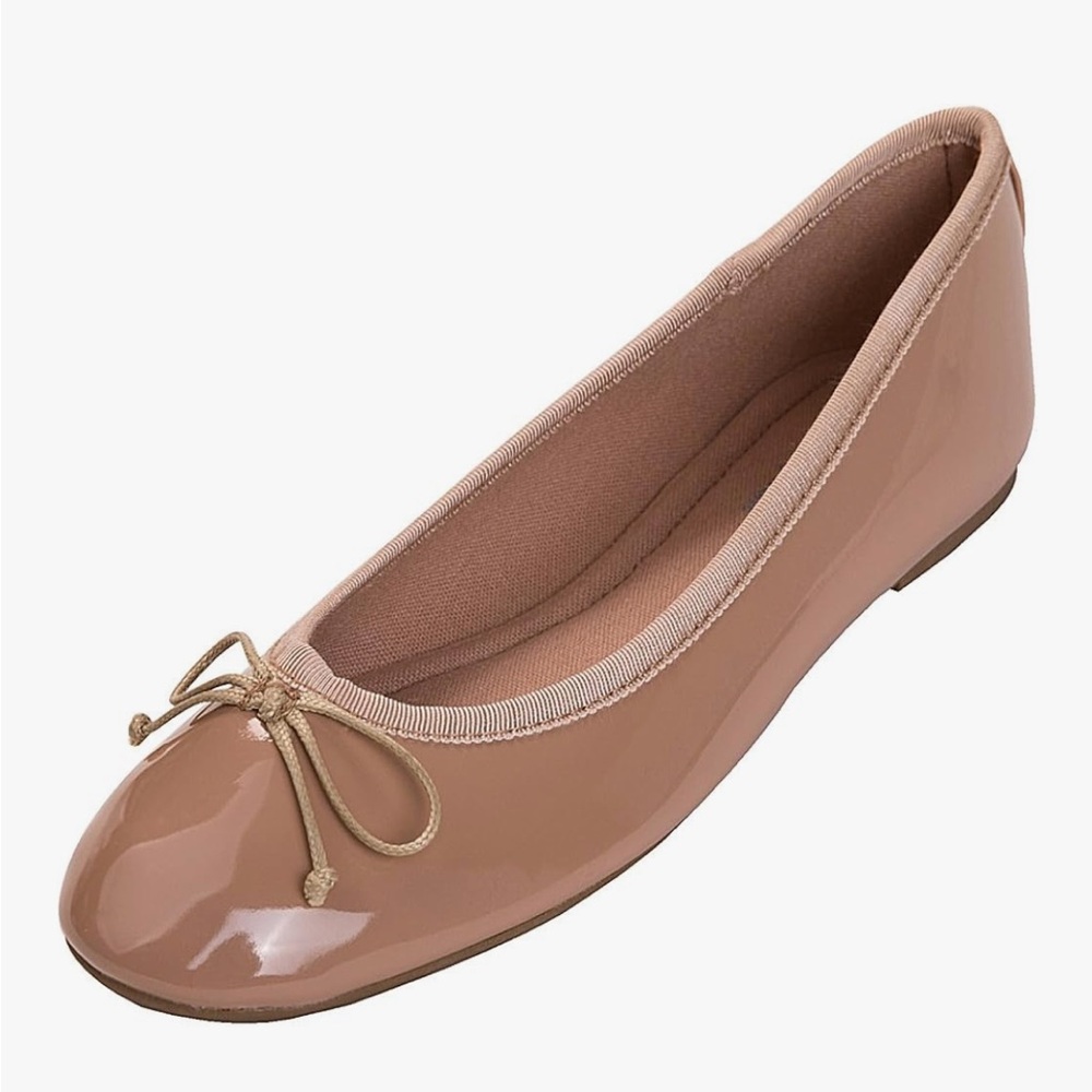 Feversole Patent Leather Dark Nude Bow Ballet Flat - Womens 37 / 6.5 - Excellent